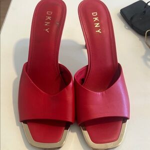 DKNY Bold Red Mules with Gold Accents